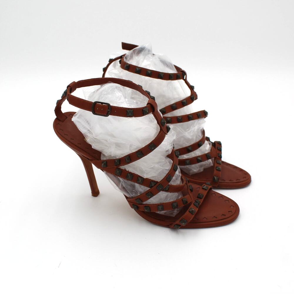 Manolo Blahnik Heels Y2K 39.5 Womens 9.5 Brown Studded Leather Gladiator Italy